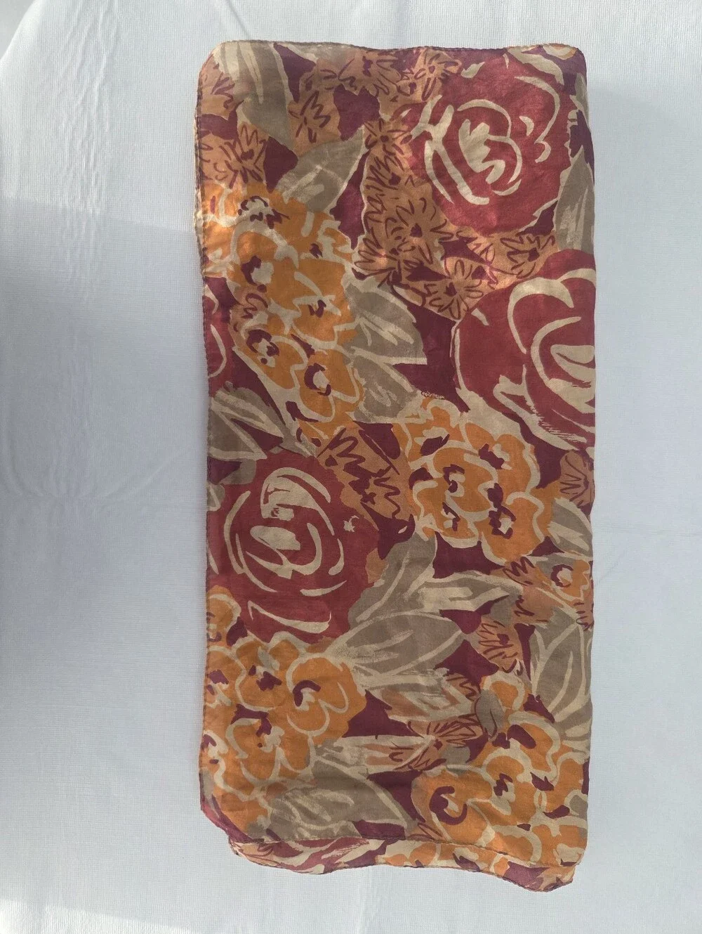 Lightweight Silk Floral Print Scarf in Burgundy and Mustard